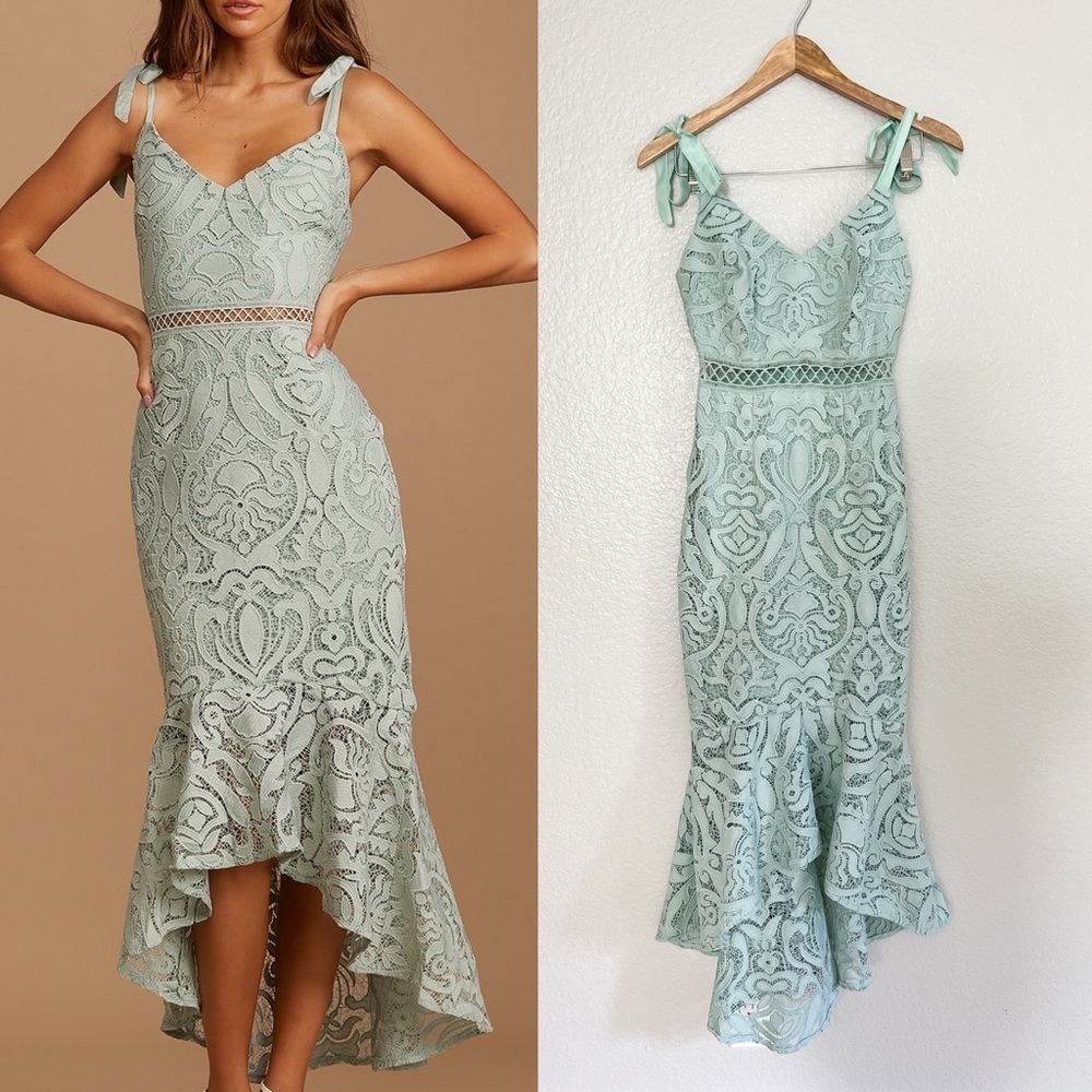 Won Your Heart Sage Green Lace Tie-Strap High-Low Midi Dress